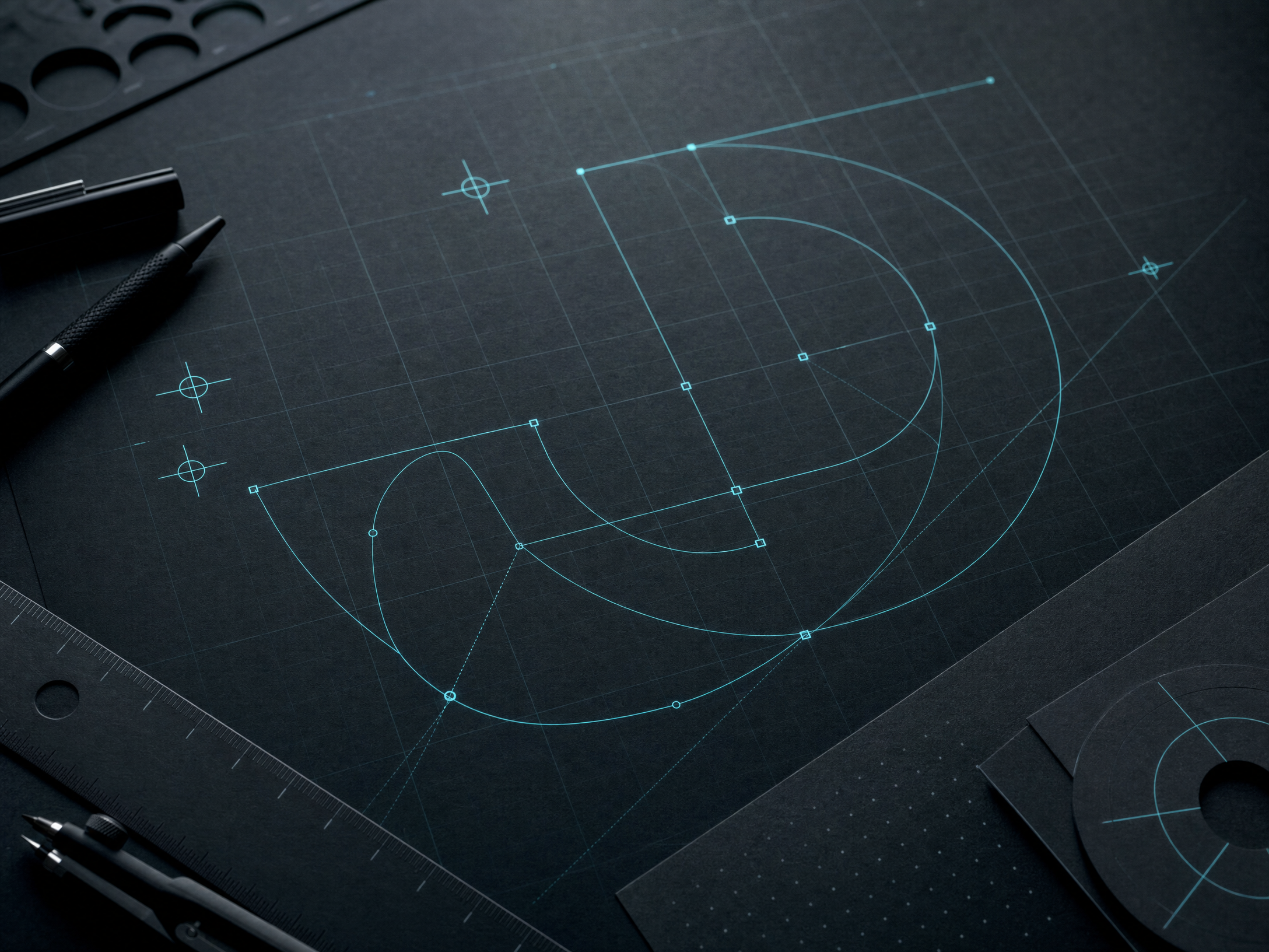Design process board with vector construction lines and cyan accents